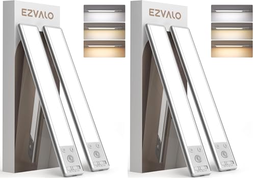 Image of EZVALO Under Cabinet Lighting, 2400mAh Rechargeable Motion Sensor Light Indoor, 3 Color Temps, 5-Level Dimmable Magnetic Wireless Closet Lights for Kitchen, Pantry, Stairs (4 Pack)