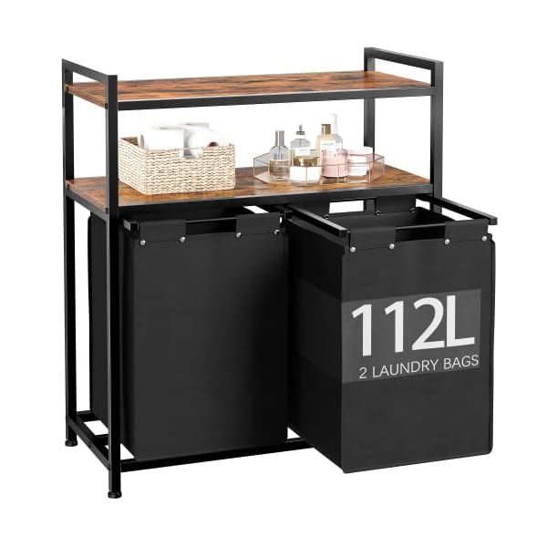 EnHomee laundry Basket 112 L Large Double Laundry Hamper with Shelf Laundry Sorter 2 Section with Removable Bags Organizer Clothes Hamper for Laundry