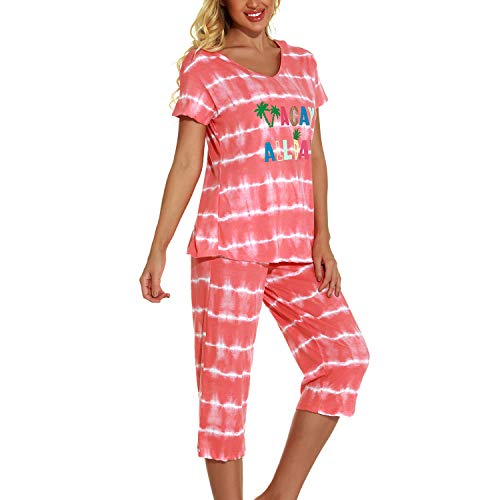Lu's Chic Women's Cute Pajama Set Soft Cotton Capri Short Sleeve Comfy Pjs Pant Two Piece Sleepwear