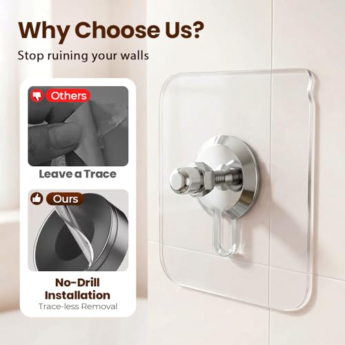 Image of Drill Free Adhesive Hooks,Heavy Duty Picture Hangers Without Nails,Adhesive Wall Hooks for Kitchen & Bathroom,Wall Mount No Drill Screw Stickers for Hanging Picture Frame (12, 2.76*2.76 inch)