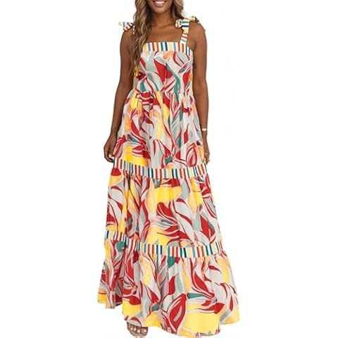 AlvaQ Women's 2025 Summer Casual Sleeveless Square Neck A-Line Swing Dress Floral Print High Waist Long Dress Multicolor 1X Cover