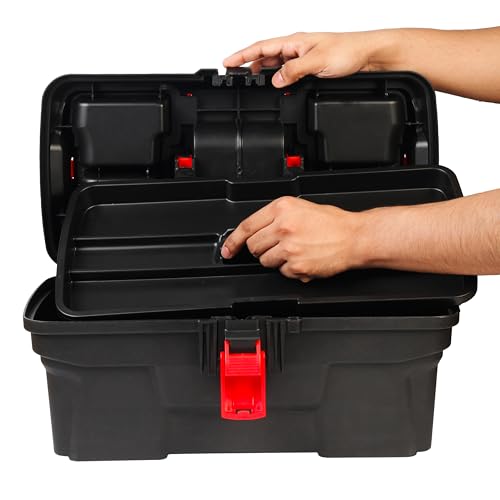 Image of Spartan SPTB-16 Inch Plastic Tool Box with Organizer Tray | Portable Storage Box for Tools, Screws, Nails & Hardware | Compact Toolbox with Locking Clip for Garage, Electrician & Mechanic Use