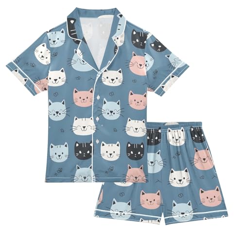 ALAZA Kitten Cat Blue Stylish Pajamas Satin Pajama Set Short Sleeve Button Down Sleepwear