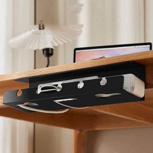 Bandeja para manejo de cables bajo escritorio con abrazadera, soporte para regleta de alimentación, sin perforaciones, resistente y espaciosa, fácil de usar (Negro) miniatura 3