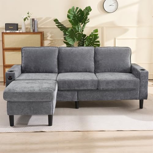 GLYYR Sofa Chaise Longue, Sofa Modular 3 Plazas Tela de Lino Sofas de Salon Cheslong Tapizado Sofá L Incluye Toma USB, Dos Portavasos y un Reposapiés Móvil, Ideal para Salones y Apartamentos
