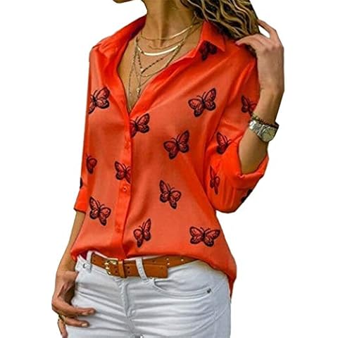 BOFETA Women's Butterfly Printed Lapel Shirt Fall Long Sleeve Office Blouse Orange L Cover