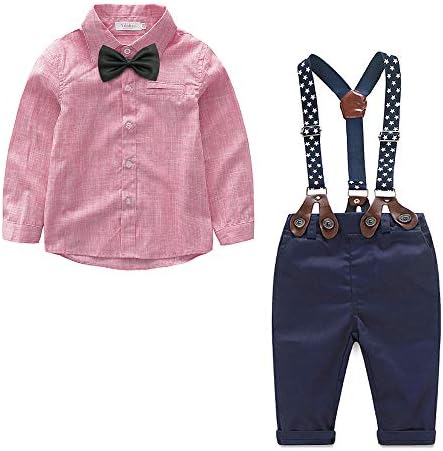 Baby Boys Summer Outfit Set Long Sleeve Shirt Overall Pants Outfit Suits Bow tie Infant Gentleman Pants Set (Red, 2-3 Years)
