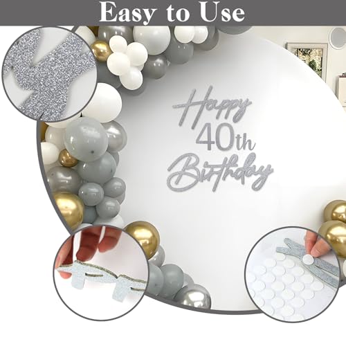 Image of Happy Birthday with 0-9 Numbers Sign for Backdrop - Glitter Felt Custom Age Happy Birthday Decal for Balloon Arch Birthday Decorations Baby Shower - Silver
