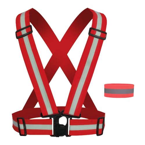 BEKKLPOU Gilet Catarifrangente, 1 Regolabile Gilet Riflettente e 1 Braccialetto Riflettente, Giubbotto di Sicurezza Riflettente, per attività all'aperto, Corsa, Ciclismo (Rosso Brillante)