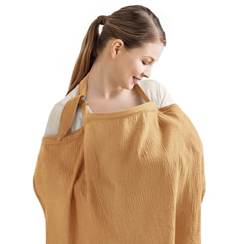 Image of Blissful Diary Muslin Nursing Cover for Breastfeeding, Breathable Breastfeeding Cover up with Arch Neckline for Women, Nursing Apron (Retro Yellow)