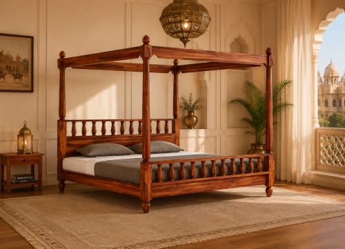 Image of Solid Wood Sheesham Poster Bed Size 84x76x75 in Four Poster Double Bed Furniture for Bedroom Home and Hotel (Queen Size) (Honey Finish)