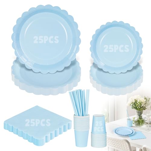 Otauoaea 125 Piezas Verde Hierba Vajilla Fiesta Cumpleaños, 25 invitados Cumpleaños Vajilla de Fiesta, Platos y Vaso Cumpleaños Infantil Set de Party Decoración Platos Eegantes para Navidad,Azul