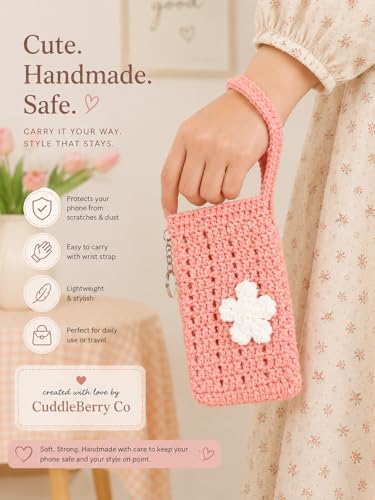 Image of Handmade Crochet Mobile Pouch for Women & Girls | Knitted Phone Holder with Wrist Strap | Cute Floral Aesthetic Mobile Cover Case | Soft Yarn Handmade Gift Pink