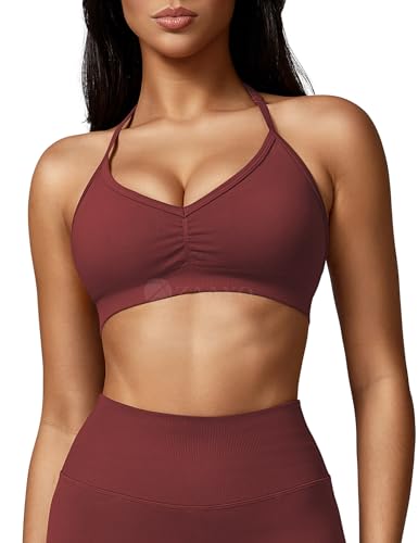 ZAAYO Damen Sport BH Rückenfreie Neckholder Gym Bra Crush Halter Sport BHS Gepolsterte Push Up Bras Mittlere Unterstützung Workout BH Workout Yoga Top Burgunderrot S