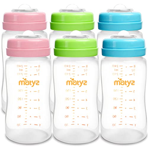 Matyz 6-Pack Breast Milk Storage Bottles (8 Ounce, 3 Colors) - Wide Neck Breastmilk Collection and Storage Bottle - Formula Storage Bottles Compatible with Medela Avent Spectra Pumps