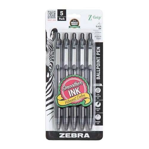 Zebra Pen Z-Grip Retractable Ballpoint Pen, Smooth-Flowing Black Ink, 1.0mm Medium Point, School & Office Supplies, Ideal for Note-Taking, Journal and Planner Use, 5-Pack (22215)