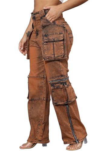 Women's High Waist Baggy Cargo Jeans Zipper Side Slit Straight Wide Leg Stretchy Denim Pants Y2K Streetwear with Pockets