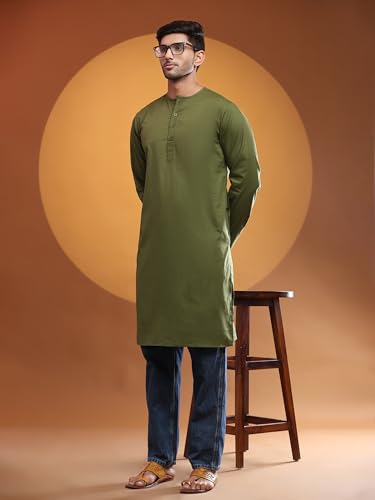 Image of Amazon Brand - Anarva Men's Cotton Solid Round Neck Kurta Long Sleeves Straight Knee Length Casual Shirt