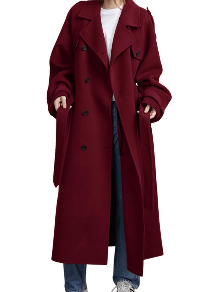 Women's Winter Double Breasted Wool Coat Long Sleeve Notch Lapel Midi Long Winter Trench Coat with Belt-image-14