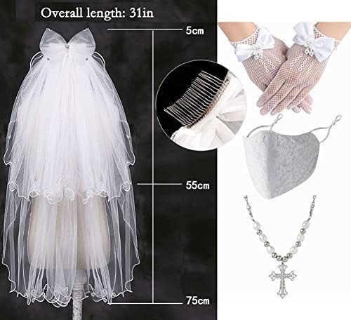 4 Pieces Girls First Communion Veils Set 1st Communion Holy Veil Headpiece Gloves & Necklace and Communion Face Covering for Wedding Flower Girl Veil Kids Party Wedding Formal Pageant2