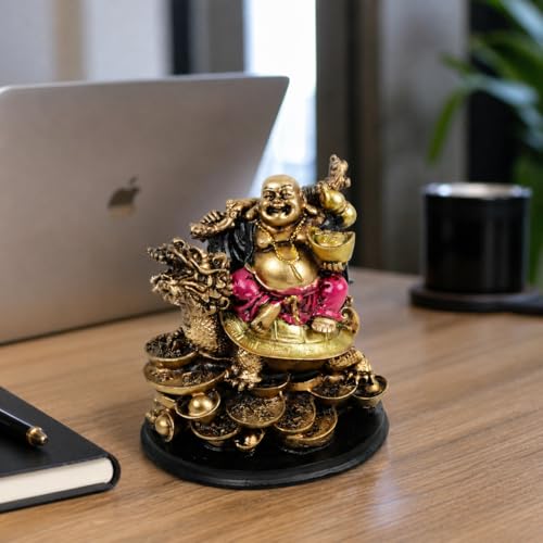 Image of HindCraft Laughing Buddha on Dragon Tortoise Showpiece for Home Decor | Feng Shui Buddha Statue for Wealth, Success, Protection & Good Luck Gift