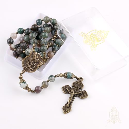 Catholic Town 8mm India Agate Natural Stone Beads, Large Rosary with Caps Saint Michael the Archangel Medal and Pardon Crucifix (CTROSSMA-IA) 5