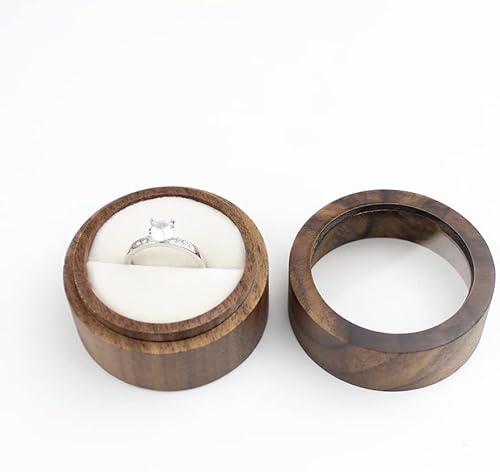 Miniatura 2 de Caja redonda de madera para propuesta de compromiso caja de anillos de tapa transparente para propuestas caja de compromiso de boda terciopelo blanco