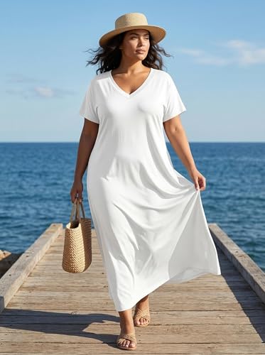 Image of SUZONANA Women Casual T-Shirt Dress V Neck Short Sleeve Solid Color Oversize Dress with Front Two Pockets