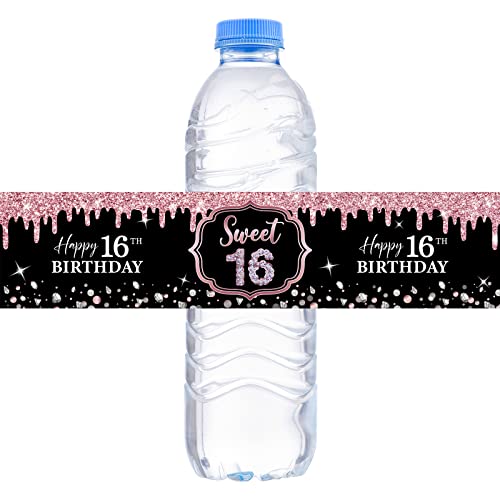Étiquettes Happy 16th Birthday autocollantes pour bouteille d'eau et déco fête ado noir