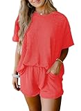 SHEWIN 2 Piece Sets for Women Ribbed Lounge Set Trendy Short Sleeve Tops and Blouses Dressy Casual Shorts with Pockets Summer Clothes for Women 2025, Orange, L