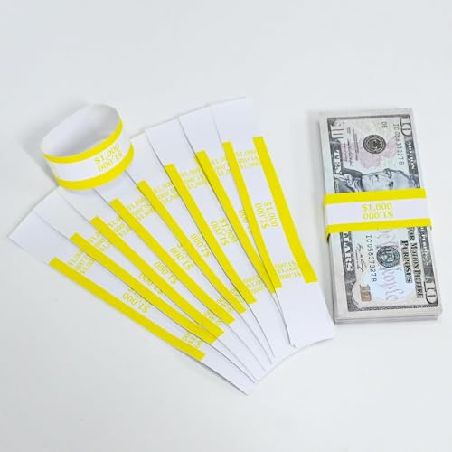 ESSENTIAL 100 Pcs Currency Straps - Bill Wrappers, Money Bands to Organize Bills, ABA Standard Colors, Self-Adhesive, 7.5 x 1.15 Inches ($1000 / Yellow)
