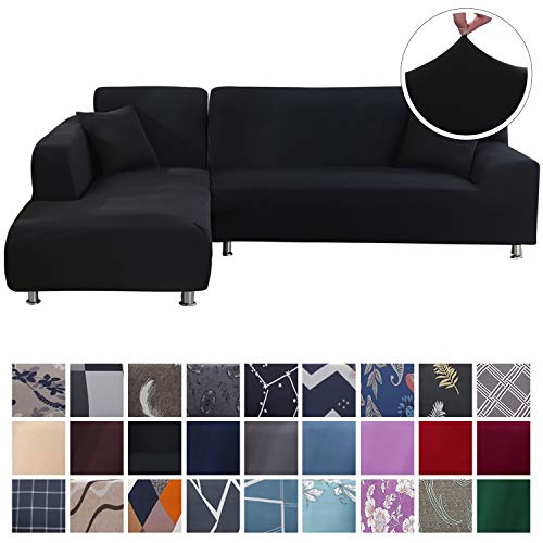 SearchI Fundas Sofa Elasticas Chaise Longue,Extraíbles y Lavables,Moderno Cubre Sofa Chaise Longue Universal Fundas Protectora para Sofa contra Polvo en Forma de L 2 Piezas(Negro,2 Plazas+2 Plazas)