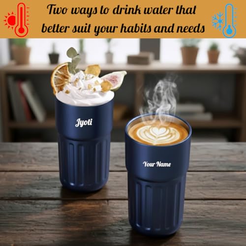 Image of Giftana Personalized Tumbler with LED Temperature Display, Customized Stainless Steel Coffee Mug with Secure Lid & Carrying Strap (Blue, 420ml)