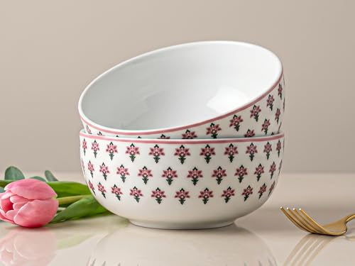 Image of Bodhi House 2-Piece Pink Blossom Porcelain Serving Bowl Set | Lightweight, Chip Resistant, | Microwave & Dishwasher Safe | Elegant Tableware for Home Dining, Serving & Gifting Use