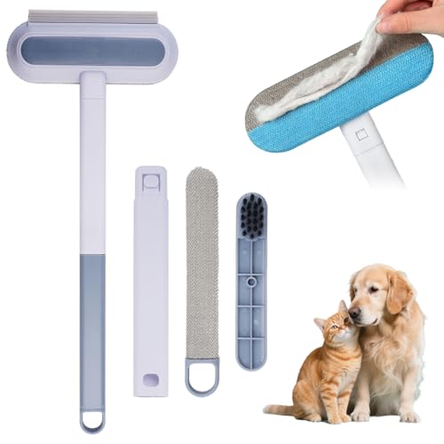 Rimuovi Pelo Multifunzionale per Animali con Manico Lungo, 4 In 1 Spazzola per Gatti Cani con Testina Principale a Doppia Azione+Testina per Fessure+Tergipavimento per Finestre+Spazzola con Setole