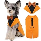 Picture of Kuoser Dog Tuxedo Suit and Bandana Set, Pumpkin Color Dogs Thanksgiving Outfit Adjustable Dog Halloween Costume with Bow Tie for Large Medium Small Dogs Golden Retriever Samo Bulldogs, S