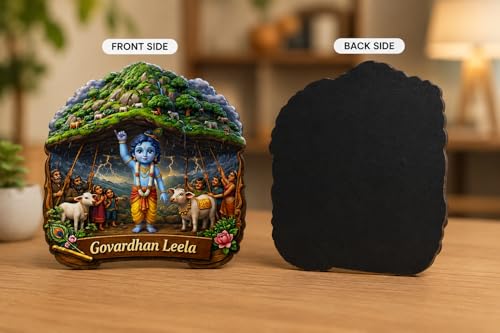 Image of Govardhan Leela Krishna Fridge Magnet, Decorative Multicolour Refrigerator Magnet, Spiritual Decor|Krishna Decorative Magnet | Full Back Magnetic Fridge Sticker | Spiritual Kitchen Decor | 3x3 Inch