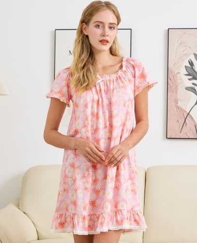 Image of Nanxson Women's Cotton Nightgown Short Sleeve Sleepwear Vintage Nightshirt | Summer Victorian Sleepdress,White Sleepshirt,U Neck Lace Loungewear,Soft Nightshirt,Loose Loungedress,Bride Nightwear