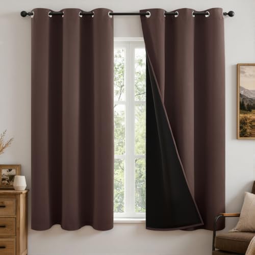 Image of MIULEE Dark Brown 100% Blackout Curtains for Bedroom 40x54 Inch 2 Panels | 2 Thick Layers Thermal Insulated Short Curtains with Black Liner, Noise Reducing Grommet, Drapes for Living Room