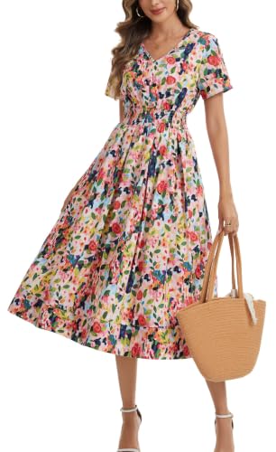 Image of Kormei Women Casual Boho V Neck 3 /4 Sleeve Smocked Waist A Line Flowy Swing Midi Dress Smocked Long Dress