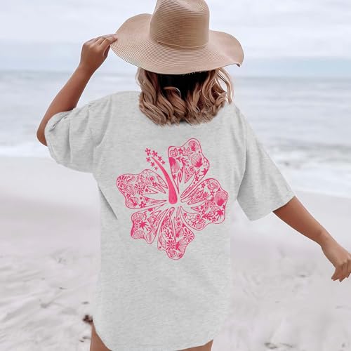 Image of Hawaiian T Shirts for Women Oversized Aesthetic Hibiscus Flower Beach Shirt Teens Preppy Tropical Graphic Tee Tops