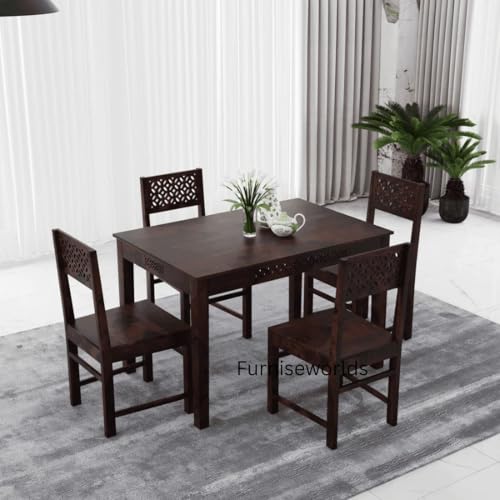 Image of Dining Table 4 Seater with Chairs | Sheesham Wooden Four Seater Dinning Table with 4 Chairs for livingroom Restaurant | Dinner Table 4 Seater | Dining Room Set