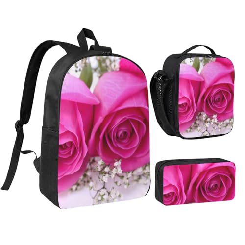Sac à dos rose anti-encombrement 3 en 1 avec sac repas et trousse