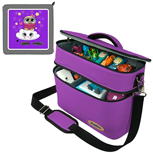 PUNALU große Tasche für Toniebox inkl. Schutzfolie passend für Toniebox, Platz für 68 Tonies, Set Toniebox Tasche + Toniebox Aufkleber (lila)