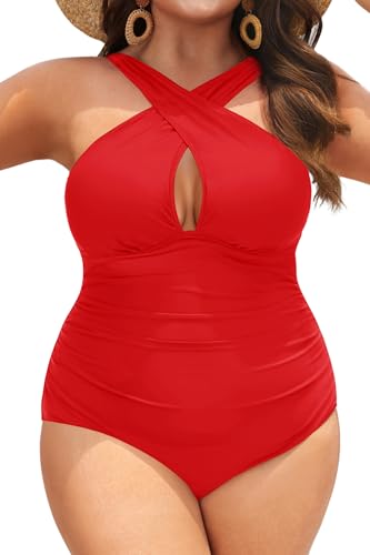 Daci Women Plus Size Swimsuits Tummy Control Red One Piece Bathing Suits Front Cross Keyhole Swimwear Red 24 Plus