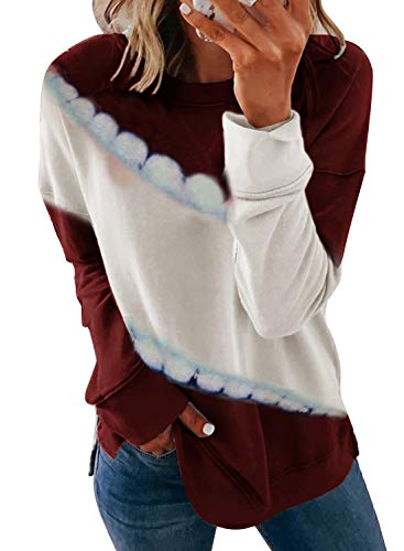 Elapsy Womens Autumn Casual Colorblock Tie Dye Printed Sweatshirts Long Sleeve Oversized Pullover Shirt Tops Outfit Red XL