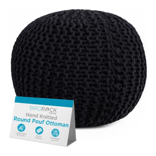 BIRDROCK HOME Round Pouf Ottoman Foot Rest - 18.5”x18.5”x15” Boho Compact Comfortable Soft Cotton Braided Foot Stool with Bean Bag Filling for Living Room, Bedroom, or Nursery (Black)