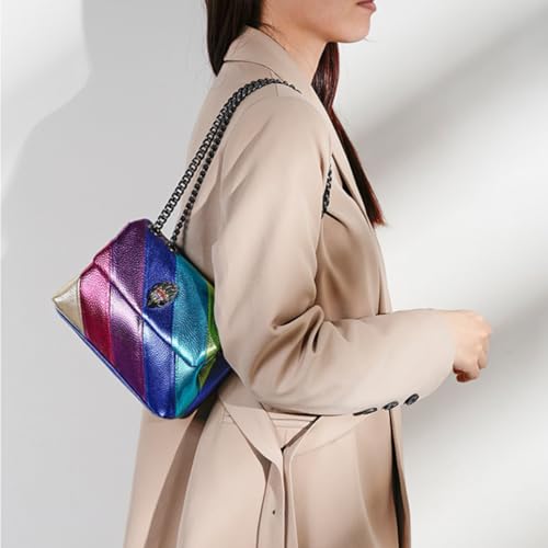 Women's Multicolor Rainbow Patchwork Handbag with Chain Rainbow Shoulder Bag Eagle Head Crossbody Bag3