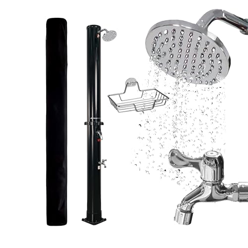 Dönges NovaTerra Solardusche schwarz mit 40L Tank - Gartendusche mit Regenduschkopf, Fußdusche, Schutzhaube & Ablageschale - Duschsystem für Garten & Camping, Wassererwärmung bis 60°C ohne Strom