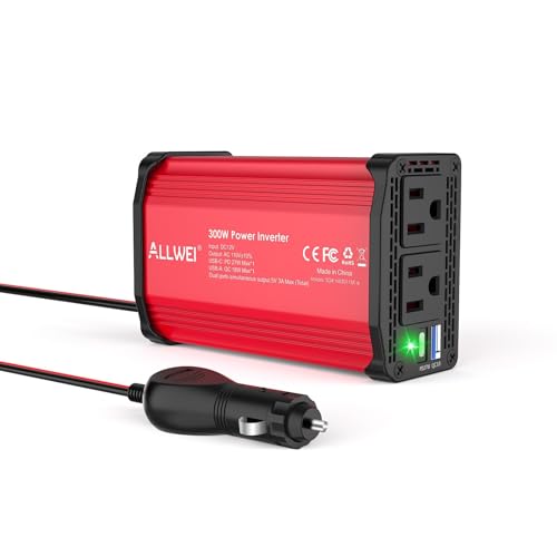 ALLWEI 300W Power Inverter 12V DC to 110V AC Car Inverter with 27W PD USB-C &18W USB-A Fast Charging, Car Charger Cigarette Lighter Adapter for Phone, Laptop and Small Devices on Road Trip-Red